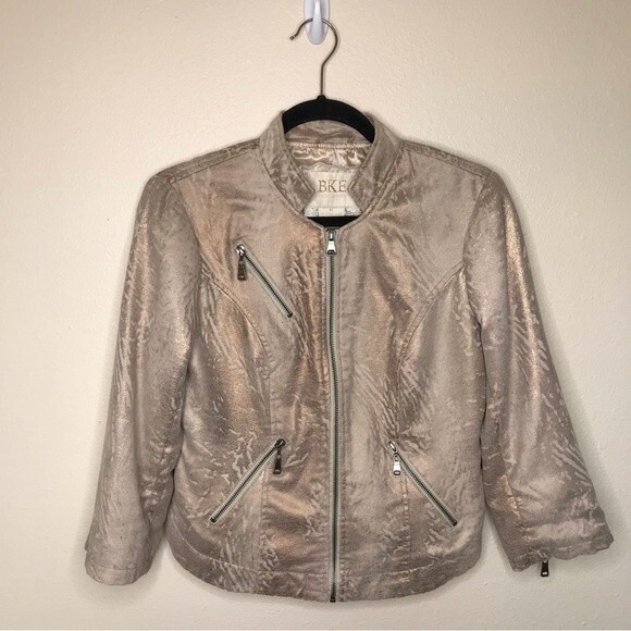 BKE Gold Metallic Faux Suede Moto Jacket Women Size Medium Motorcycle Crop - Picture 15 of 16